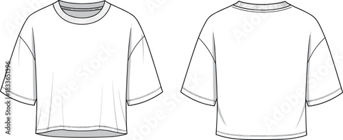 cad drawing flat vector illustration, cropped short sleeve t-shirt front back view, fashion sketch, boxy silhouette, technical garment design