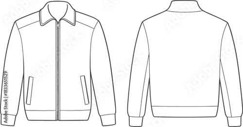 Cad drawing flat vector illustration, fashion technical jacket sketch front and back view, zipper collar pockets ribbed hem cuffs design