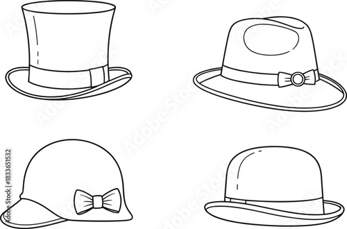 Cad drawing flat vector illustration, fashion hat collection design, top hat, fedora, bowler, cloche style accessory icon artwork