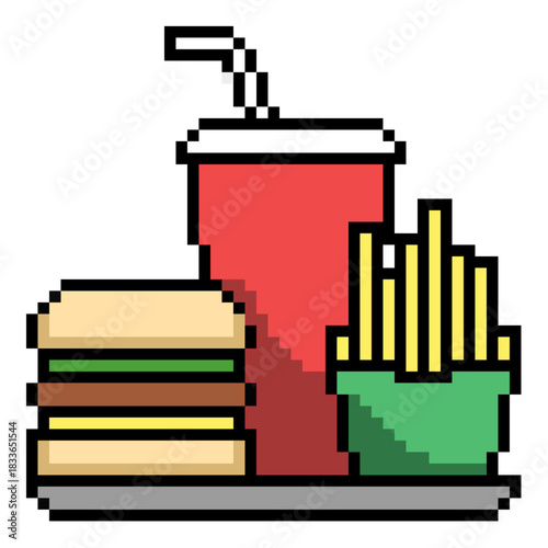 Pixel Junk Food Icon Vector Ideal for gaming, fast food, menu, and unhealthy eating graphics in a retro 8-bit style. Symbolizes quick meal, indulgence, and simple snack.