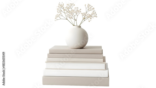 Stack of books with vase and flowers isolated on transparent background