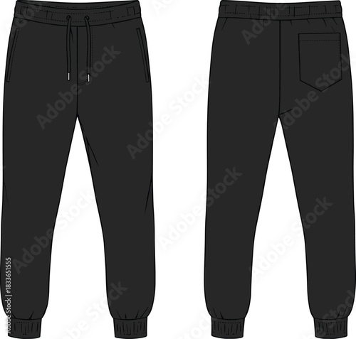 Cad drawing flat vector illustration, fashion technical sketch, jogger pants front back view, garment template, clothing design, apparel mockup