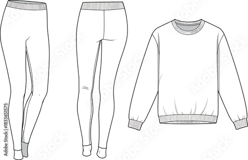 Cad drawing flat vector illustration, fashion technical sketch, leggings front back view, sweatshirt template, apparel design, clothing mockup