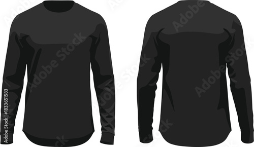 Cad drawing flat vector illustration, fashion technical sketch, long sleeve shirt front back view, clothing template, garment design, apparel mockup