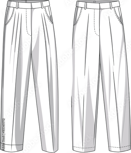 Cad drawing flat vector illustration, high waist trousers front view, pleated pants sketch, fashion design, garment construction, clothing outline