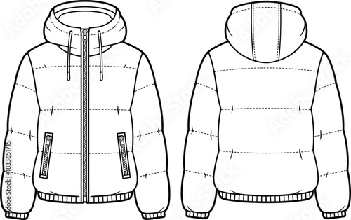 Cad drawing flat vector illustration, hooded puffer jacket front and back view, quilted design, fashion technical sketch, apparel template