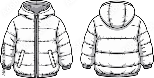 Cad drawing flat vector illustration, hooded puffer jacket technical sketch, front and back view, fashion template, garment construction detail