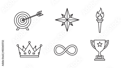 Black and White Line Art Illustration Featuring a Target, Compass Rose, Torch, Crown, Infinity Symbol, and Trophy Image