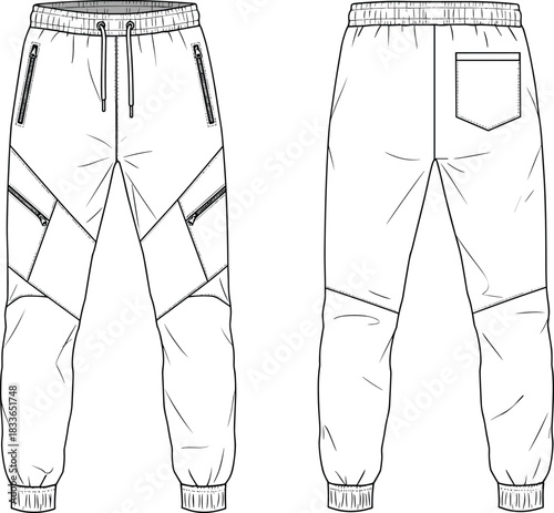 cad drawing flat vector illustration, jogger pants front back view, fashion sketch, technical garment design, zipper pockets, panel details