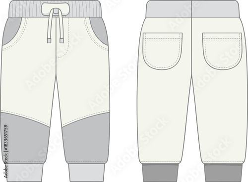 Cad drawing flat vector illustration, kids jogger pants front and back view, fashion template, garment sketch, apparel design, editable layout