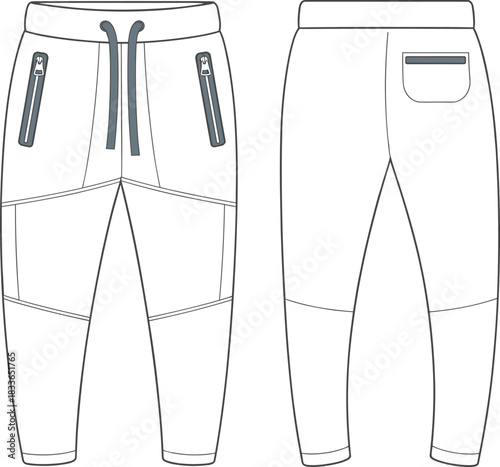 Cad drawing flat vector illustration, jogger pants technical sketch front and back view, drawstring waistband zipper pockets panel seam design