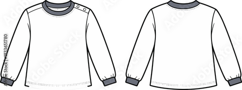 Cad drawing flat vector illustration, kids long sleeve shirt front and back view, fashion sketch, garment template, clothing design