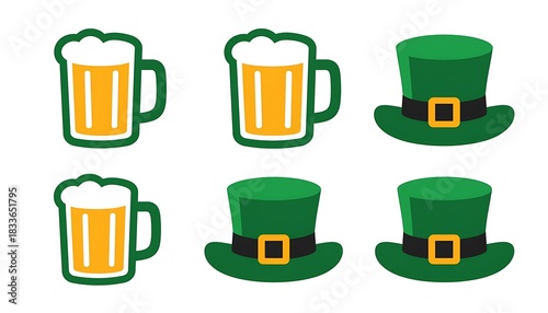 Green beer mugs and leprechaun hats for Saint Patricks Day celebration. Irish holiday symbols and tradition concept.