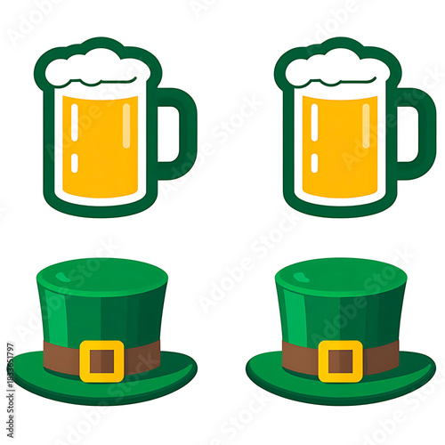 St. Patricks Day celebration design. Four graphic icons with two green leprechaun hats and two mugs of beer. Holiday festive symbols.