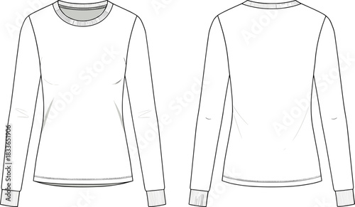 cad drawing flat vector illustration, long sleeve shirt sketch, fashion technical design, apparel template, ribbed cuff crew neck