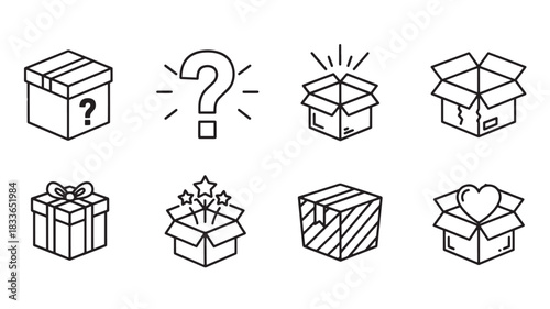 Collection of Gift Box and Present Icons Depicting Surprise and Celebration, Isolated for Modern Design Elements and Applications