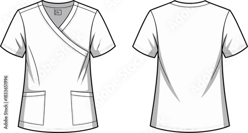 Cad drawing flat vector illustration, medical scrub top technical sketch, front and back view, fashion template, garment construction detail