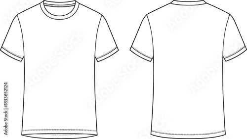 CAD drawing flat vector illustration, plain t-shirt front back view, fashion design template, garment technical sketch, clothing outline graphic