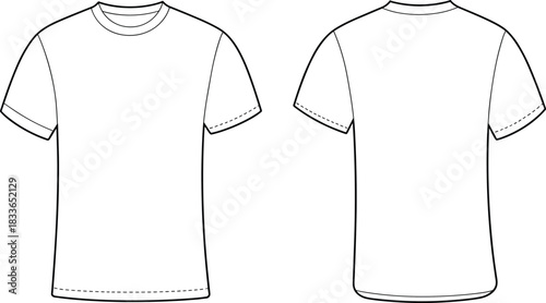 CAD drawing flat vector illustration, plain white short sleeve t shirt template, crew neck fashion apparel design, clothing technical sketch, mockup