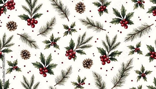 Winter holiday seamless pattern with watercolor style holly berries, pine needles, and pinecone elements. Festive Christmas background for design.