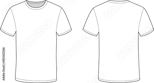 CAD drawing flat vector illustration, plain white t shirt template, short sleeve crew neck apparel design, fashion technical sketch, clothing mockup