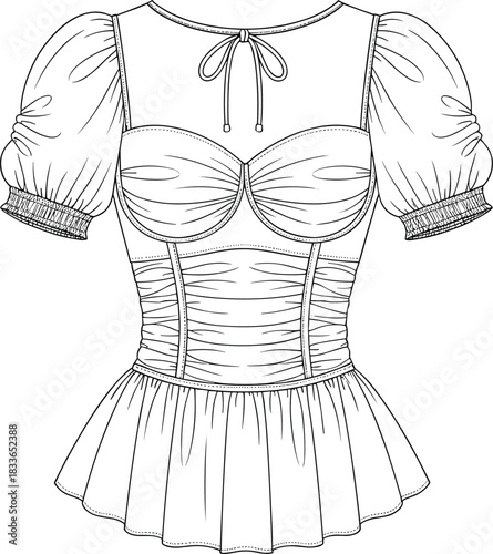 Cad drawing flat vector illustration, ruched peplum top fashion sketch, puff sleeve design, garment construction, front view, clothing template