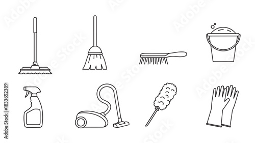 A Line Art Depiction of Various Cleaning Supplies for Household Cleaning and Maintenance Needs and Sanitary Purposes Displayed Together