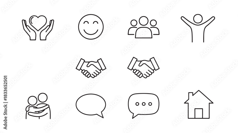 Fototapeta premium Diverse Line Art Icons Representing Community Support, Communication, Collaboration, and Home, Ideal for Charity and Social Initiatives