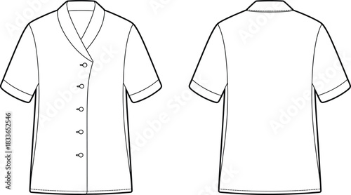 CAD drawing flat vector illustration, short sleeve shawl collar shirt technical fashion sketch, front and back view, apparel design template, garment construction
