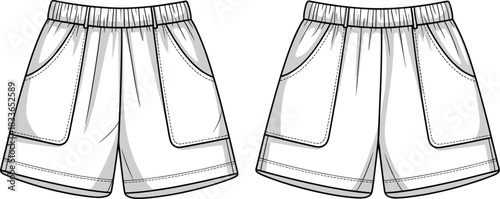 Cad drawing flat vector illustration, shorts technical sketch, front view fashion template, garment construction detail, clothing design outline