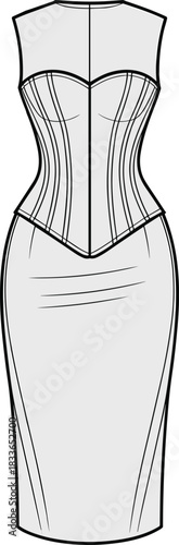 Cad drawing flat vector illustration, strapless corset dress technical sketch, front view fashion template, garment construction detail, pencil silhouette