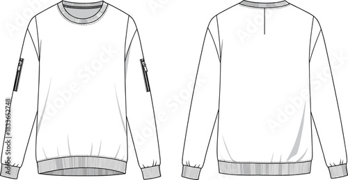 Cad drawing flat vector illustration, sweatshirt front and back view, crewneck, long sleeve, fashion technical sketch, zip sleeve pocket