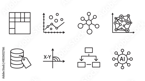 Data Analysis Thin Line Icons Set Vector Graph Chart Database AI Process Diagram