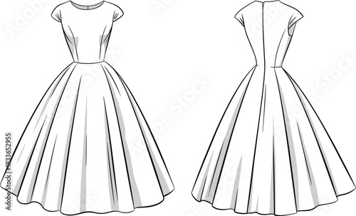 Cad drawing flat vector illustration, technical fashion sketch, flared midi dress, front and back view, pleated skirt, garment construction detail