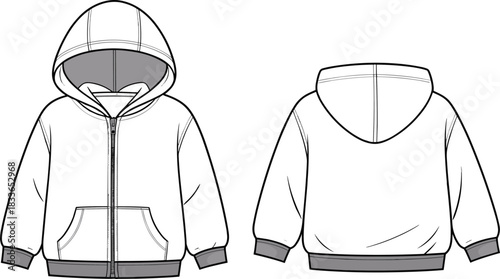 Cad drawing flat vector illustration, technical fashion sketch, hooded sweatshirt front and back view, apparel design template, clothing pattern outline