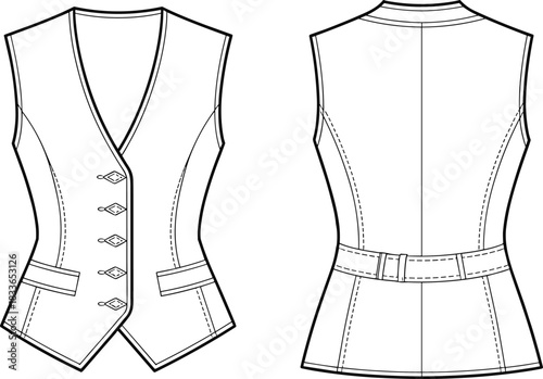 Cad drawing flat vector illustration, technical vest design front and back view, fashion template, apparel mockup, tailored waistcoat, garment sketch