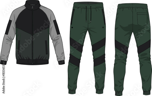 cad drawing flat vector illustration, track suit fashion sketch, athletic wear template, color block jacket pants, technical apparel design