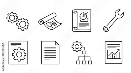 Set of Engineering and Project Management Icons Representing Strategy Planning Implementation and Development in a Linear Style