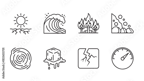 Natural Disasters Line Art Drought Tsunami Fire Landslide Whirlpool Melting Crack Gauge Catastrophe Hazard Vector