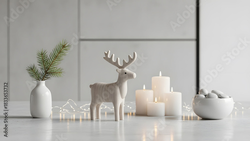 Minimalist Christmas decoration with wooden reindeer, white candles, and pine branches in a modern setting