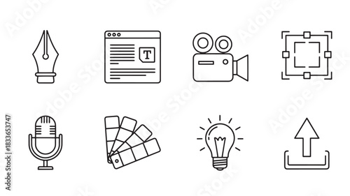 Collection of Graphic Design and Creative Icons Featuring a Pen Tool Website Video Camera Microphone and More