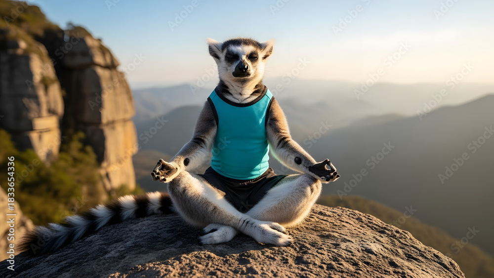Obraz premium Zen lemur finds inner peace with yoga practice in the mountains during sunrise, embracing mindfulness and wellness, inspiring healthy lifestyle habits now