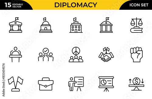 Diplomacy line icons set. Diplomacy outline icons with editable stroke collection. Includes Law, Relations, Government, Summit and More. Thin outline icons pack. Vector illustration