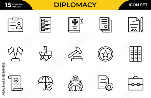 Diplomacy line icons set. Diplomacy outline icons with editable stroke collection. Includes Law, Relations, Government, Summit and More. Thin outline icons pack. Vector illustration