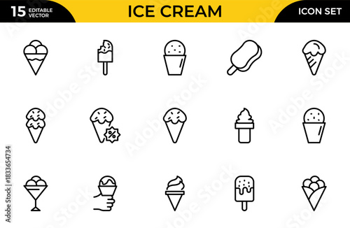 Ice Cream Line Icons Set. For Mobile and Web. Contains such icons as Ice Cream, Cone, Summer, Vanilla Ice Cream. Thin outline icons pack. Vector illustration