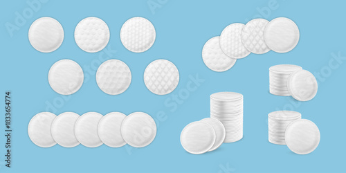 Cosmetic cotton pad disks vector set, white round pad stacks, sponge discs with different embossed surface textures