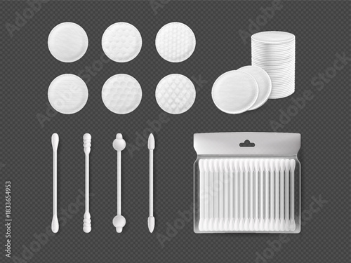 Cosmetic cotton pad disks and cotton swabs vector set, white round pads, sponge discs with different embossed surface
