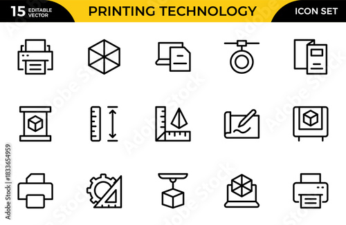 Printing Technology Icon set. Outline icon set of printing techniques: screen print frame, ink squeegee. Thin outline icons pack. Vector illustration