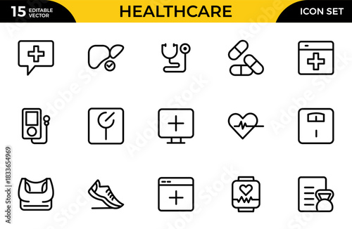 Healthcare line icon set. Medicine, check up, doctor, dentistry, pharmacy, lab, scientific discovery. Thin outline icons pack. Vector illustration