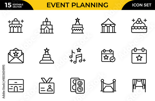 Event planning line icon set. Party related line icons: birthday, wedding, event, catering, invitation, decoration, calendar, and more. Thin outline icons pack. Vector illustration